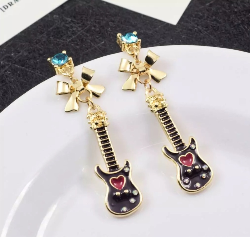 Rhinestone Bow Heart Guitar Earrings